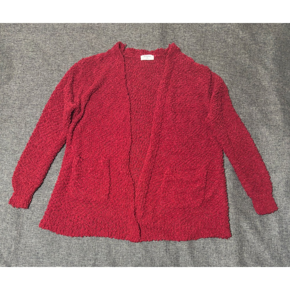 Zenana Womens XL Cardigan Red Popcorn Knit Open Front Pocket TW-1938AB